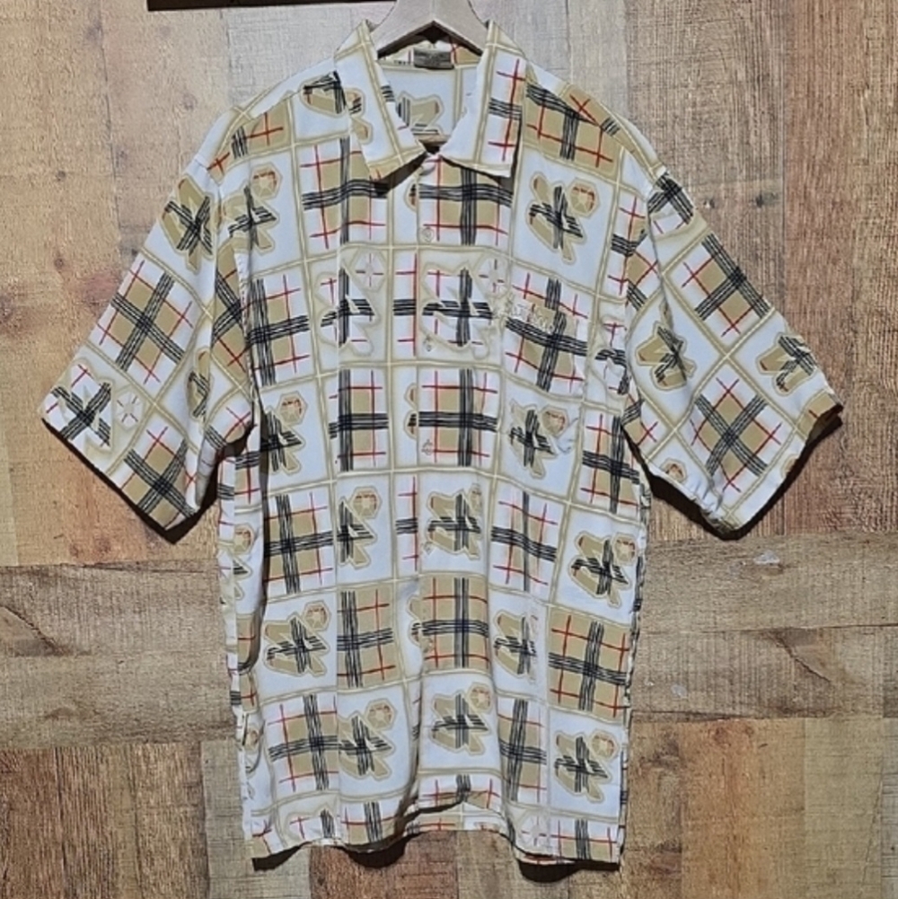 Vintage South Pole Beige and Black Patterned Short Sleeve Shirt